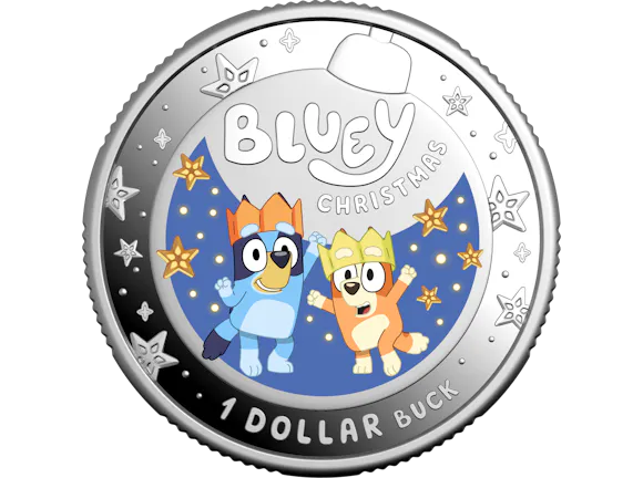 Hero image for 2025 $1 Silver Coloured Proof Coin – Bluey Christmas