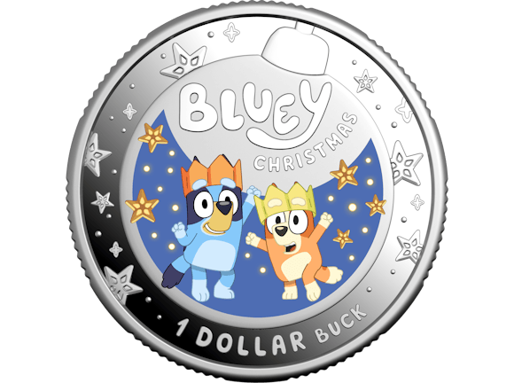 Hero image for 2025 $1 Silver Coloured Proof Coin – Bluey Christmas