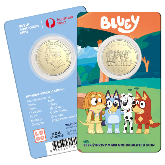 Hero image for 2024 $1 Privy Mark Uncirculated Coin – Bluey & Friends
