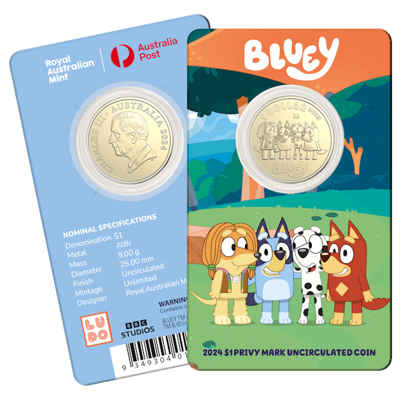 Hero image for 2024 $1 Privy Mark Uncirculated Coin – Bluey & Friends