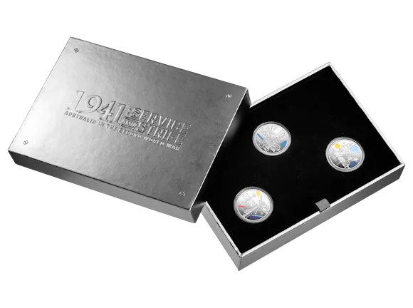 Hero image for 2026 20c Coloured Silver Proof Three-Coin Set – 1941: Service Amid Strife