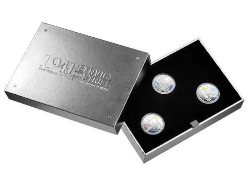 Image of 2026 20c Coloured Silver Proof Three-Coin Set – 1941: Service Amid Strife
