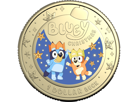 Hero image for 2025 $1 Coloured Uncirculated Coin – Bluey Christmas