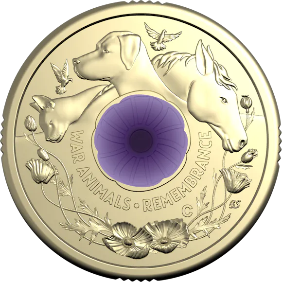 Hero image for 2024 $2 ‘C’ Mintmark Coloured Uncirculated Coin in Card – War Animals Remembrance