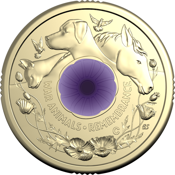 Hero image for 2024 $2 ‘C’ Mintmark Coloured Uncirculated Coin in Card – War Animals Remembrance