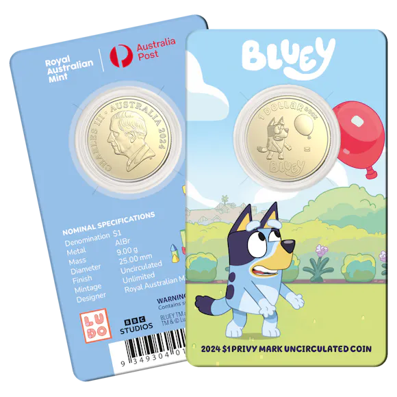 Hero image for 2024 $1 Privy Mark Uncirculated Coin – Bluey