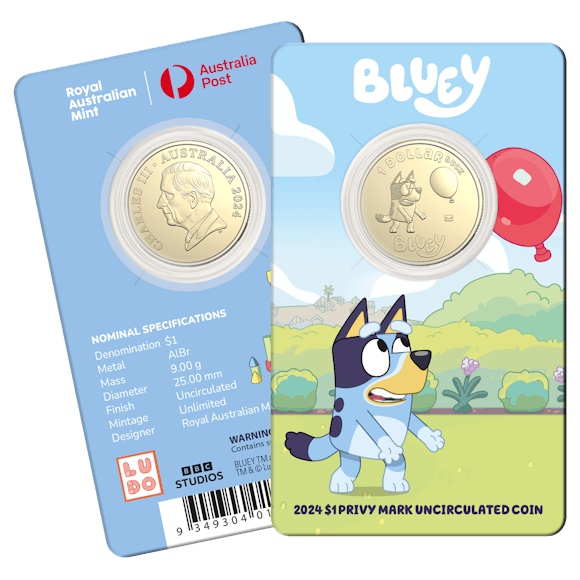 Hero image for 2024 $1 Privy Mark Uncirculated Coin – Bluey