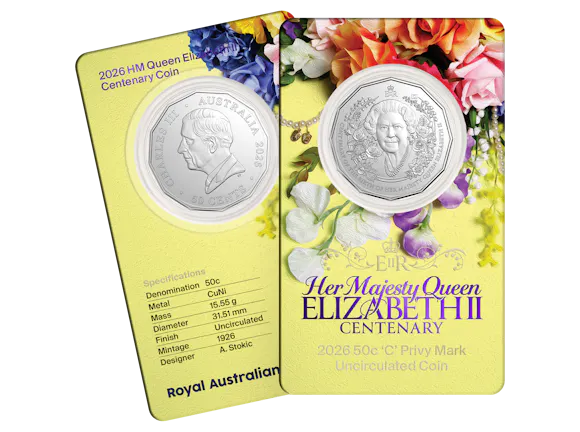 Hero image for 2026 50c ‘C’ Privy Mark Uncirculated Coin – HM Queen Elizabeth II Centenary of Birth