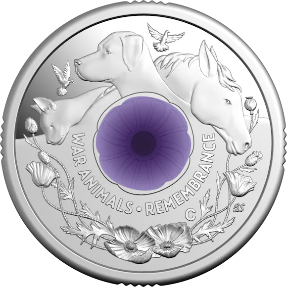 Hero image for 2024 $2 ‘C’ Mintmark Coloured Fine Silver Proof Coin – War Animals Remembrance