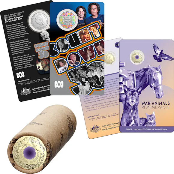 Hero image for BUNDLE: $2 War Animals 'C' Mintmark + $2 War Animals Circulating Rolled Coin + 50th Anniversary Of Countdown 50c Coin