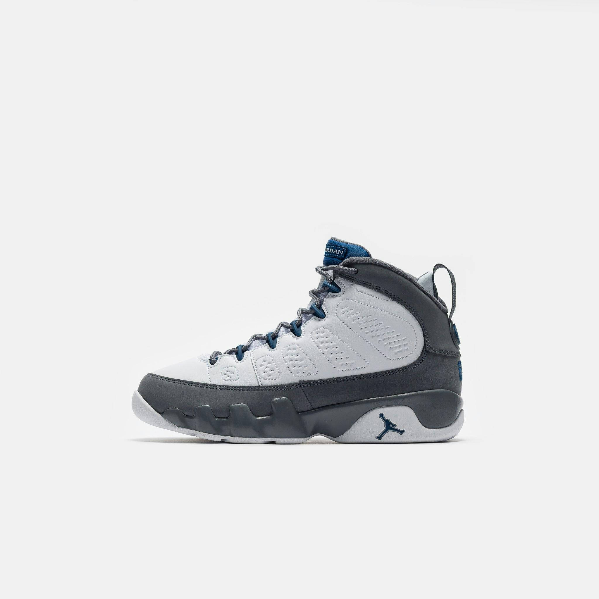 Image of Air Jordan 9 Retro Grade School Sneaker in White/French Blue/Flint
