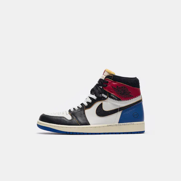Hero image for Union x Fragment Air Jordan 1 Retro High OG Sneaker in Black/White/Varsity Red/Sport Royal