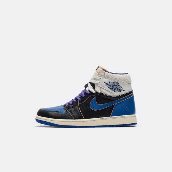 Hero image for Union x Fragment Air Jordan 1 Retro High OG Sneaker in Black/Navy/Royal/Sail
