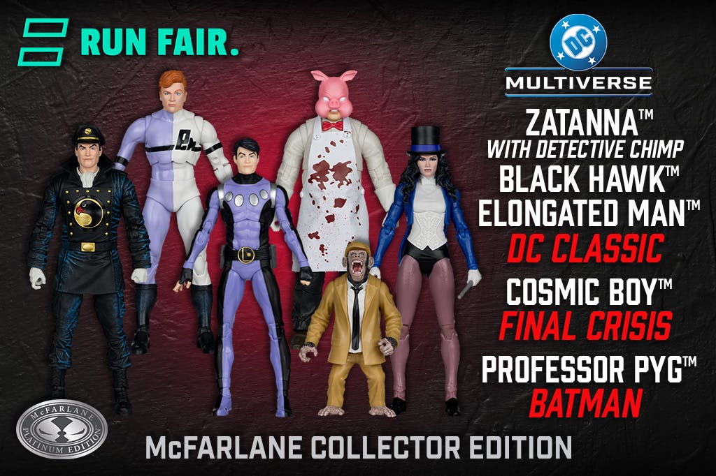 Image of Blackhawk/Elongated Man/Zatanna w/Detective Chimp (DC Classics)/Cosmic Boy (Final Crisis)/Professor Pyg (Batman) McFarlane Collector Platinum Edition Bundle (5) 7" Figures