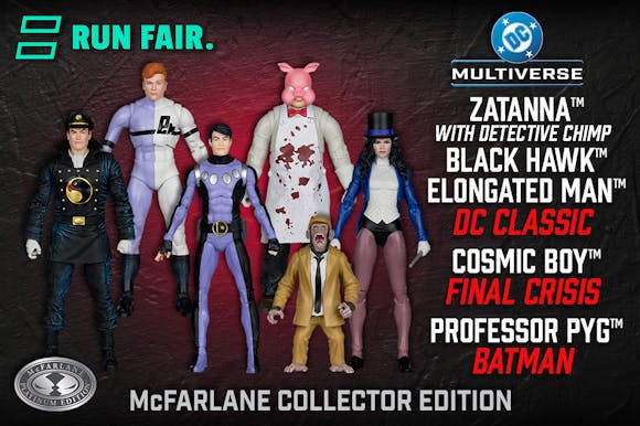 Hero image for Blackhawk/Elongated Man/Zatanna w/Detective Chimp (DC Classics)/Cosmic Boy (Final Crisis)/Professor Pyg (Batman) McFarlane Collector Platinum Edition Bundle (5) 7" Figures